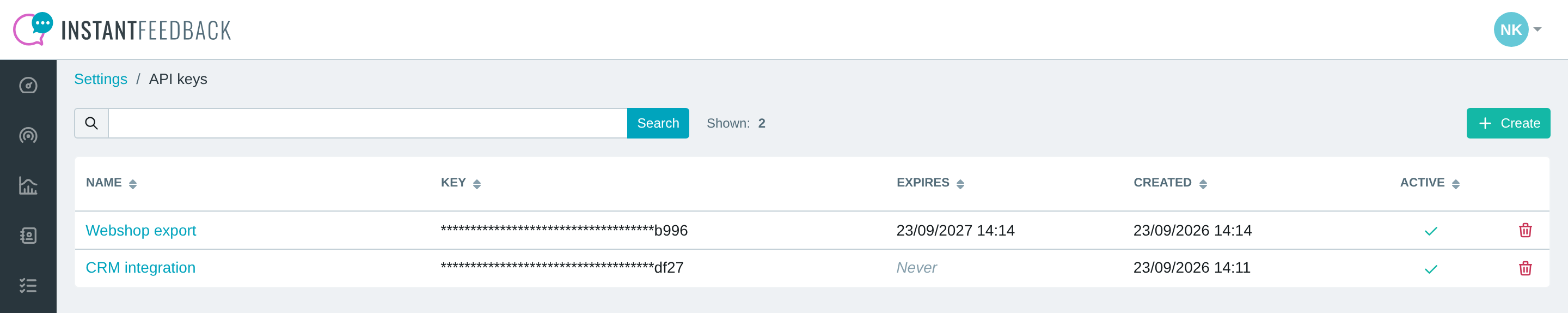 The API keys page in Settings with two keys