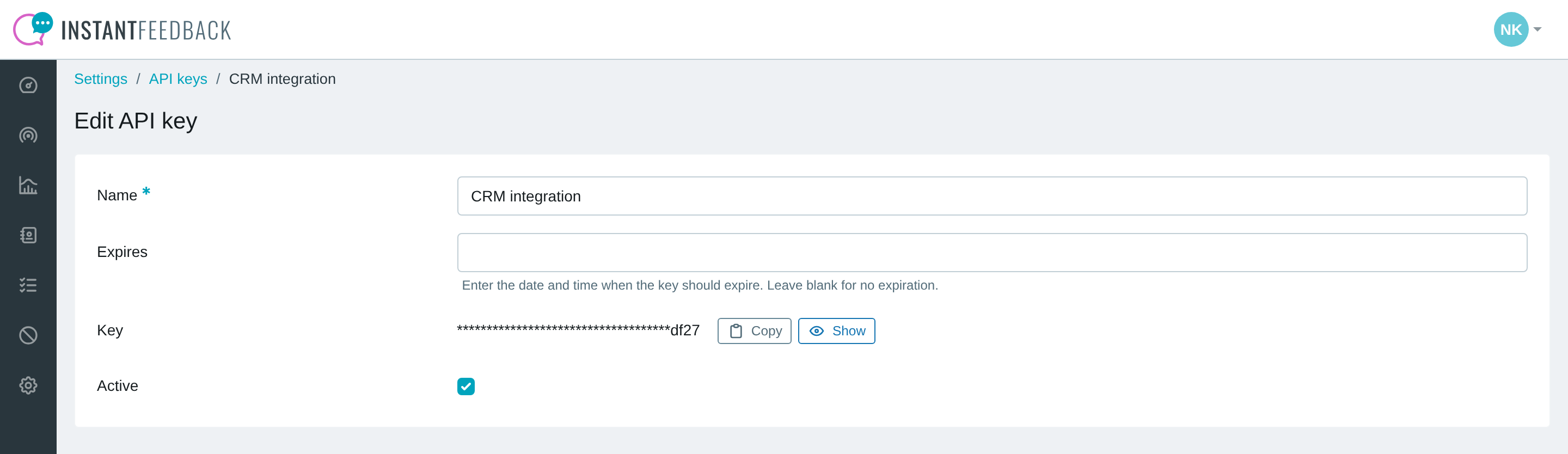 The Edit API key page with the Key row