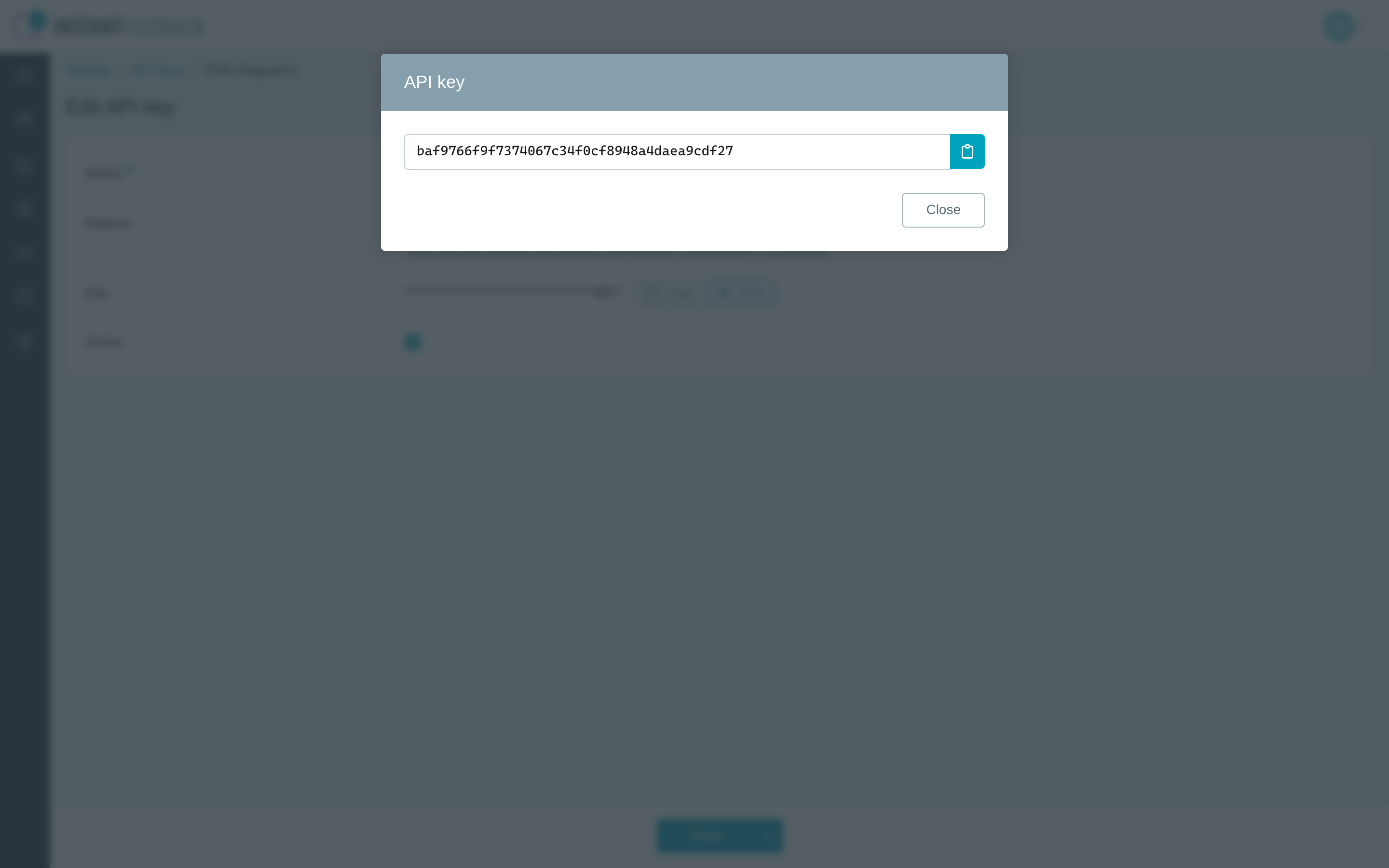 The API key dialog showing the full key