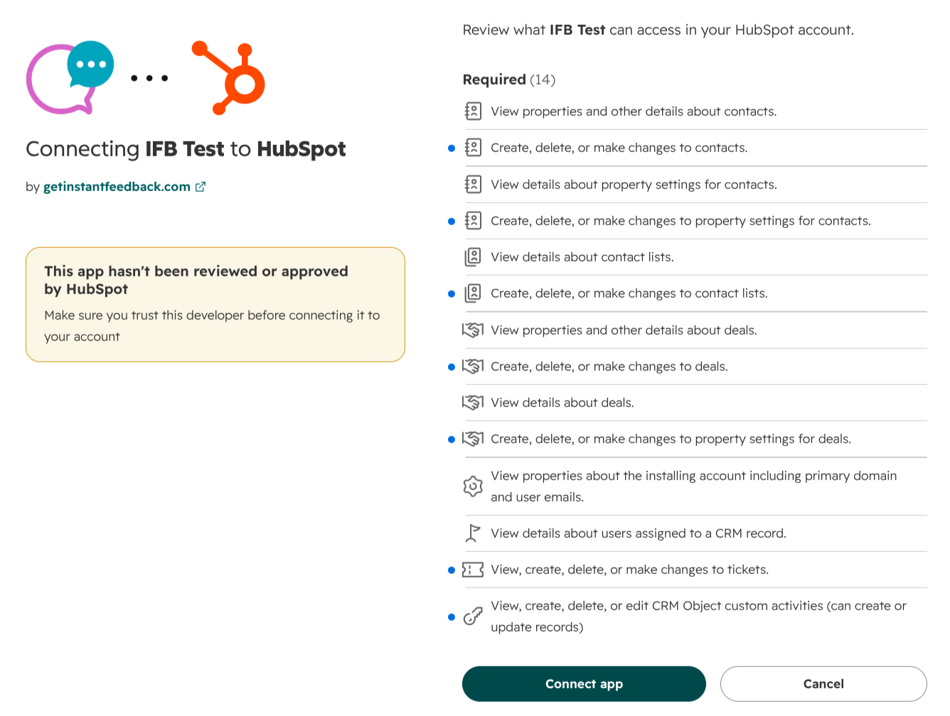 HubSpot asking to grant the InstantFeedback app access