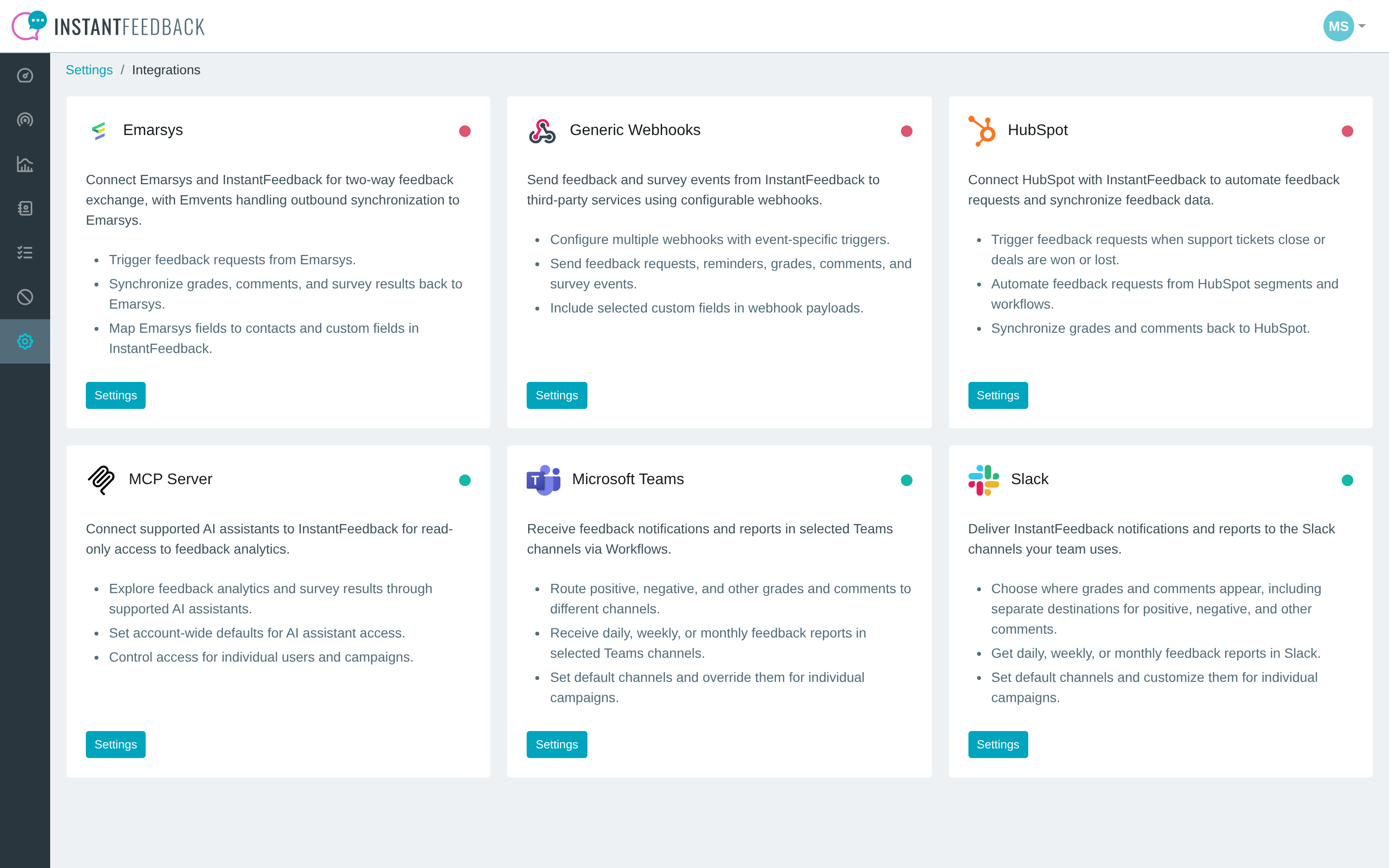 The Integrations page with the Microsoft Teams tile