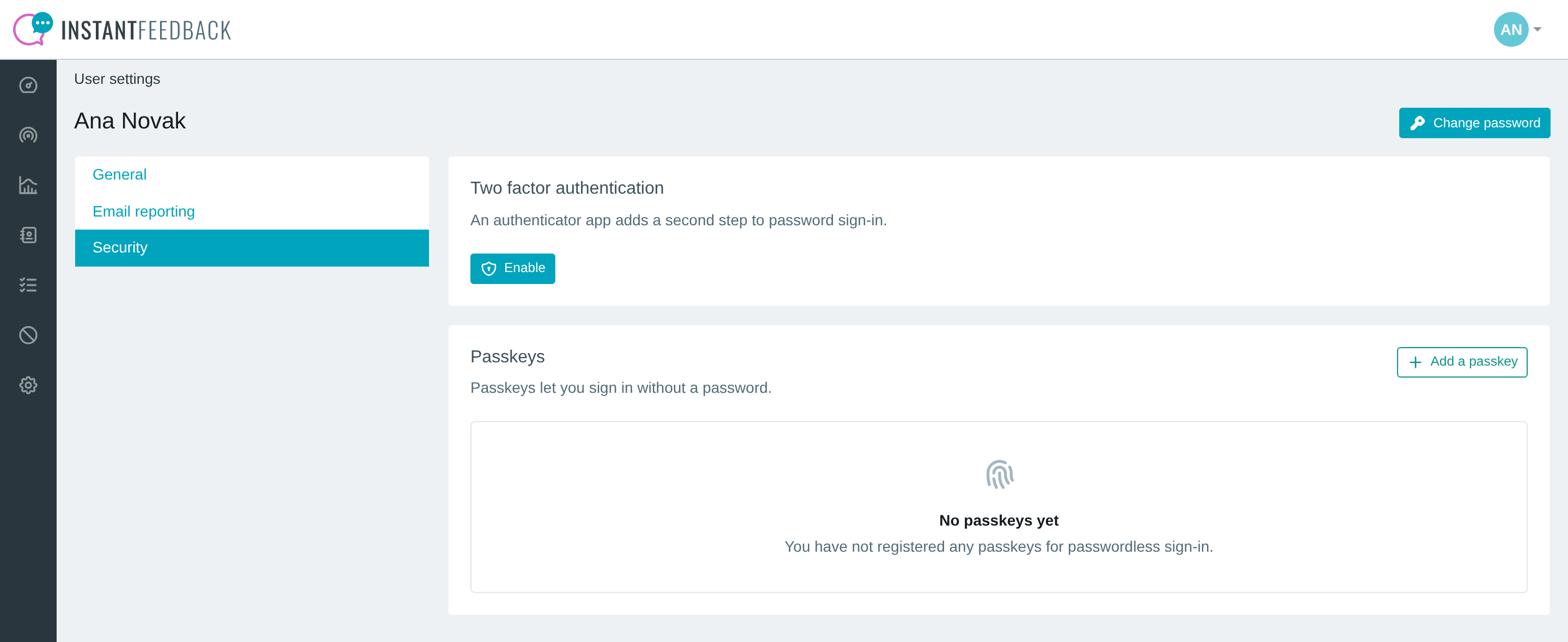 The Security tab in user settings with no passkeys registered