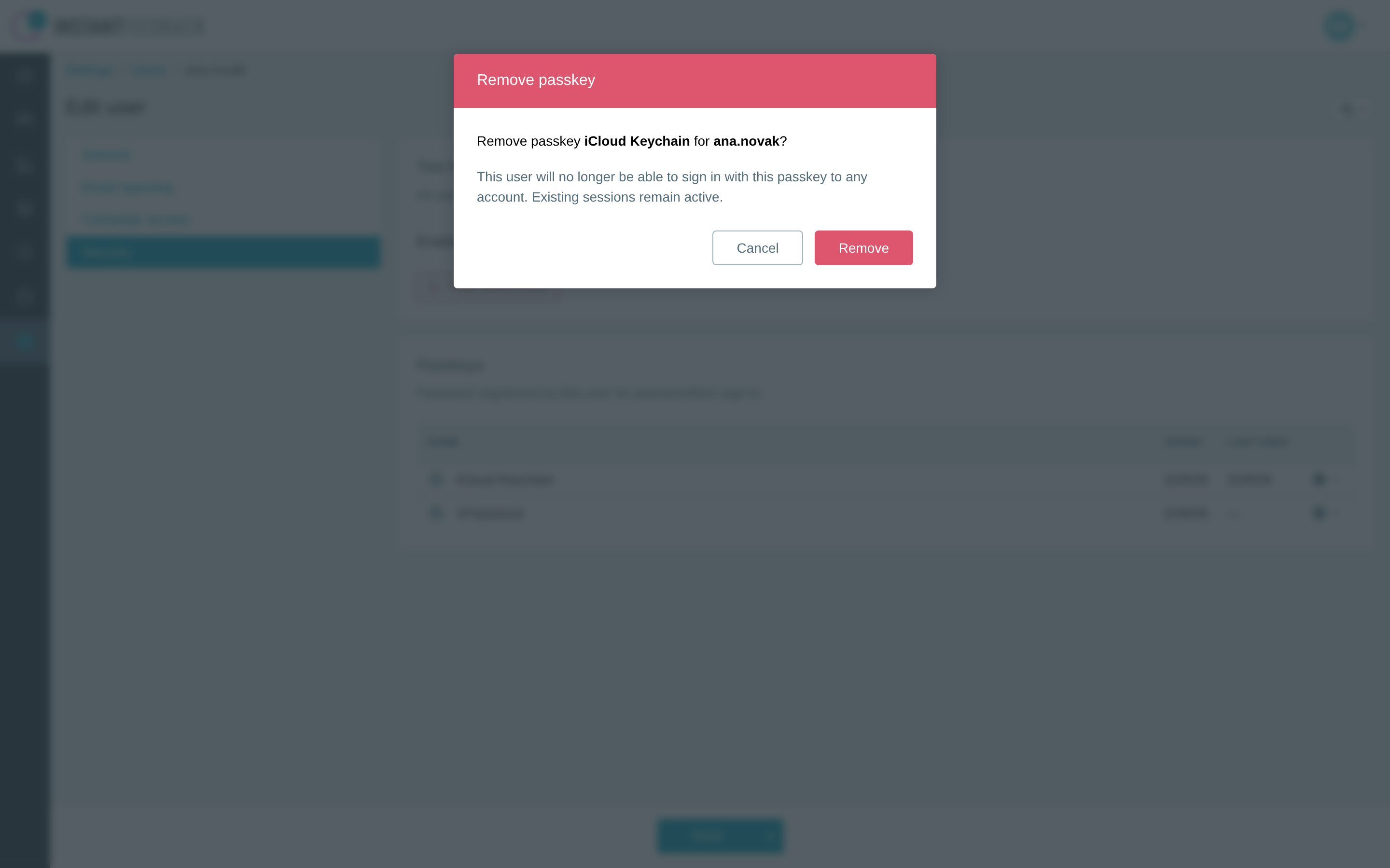The Remove passkey confirmation in the admin view