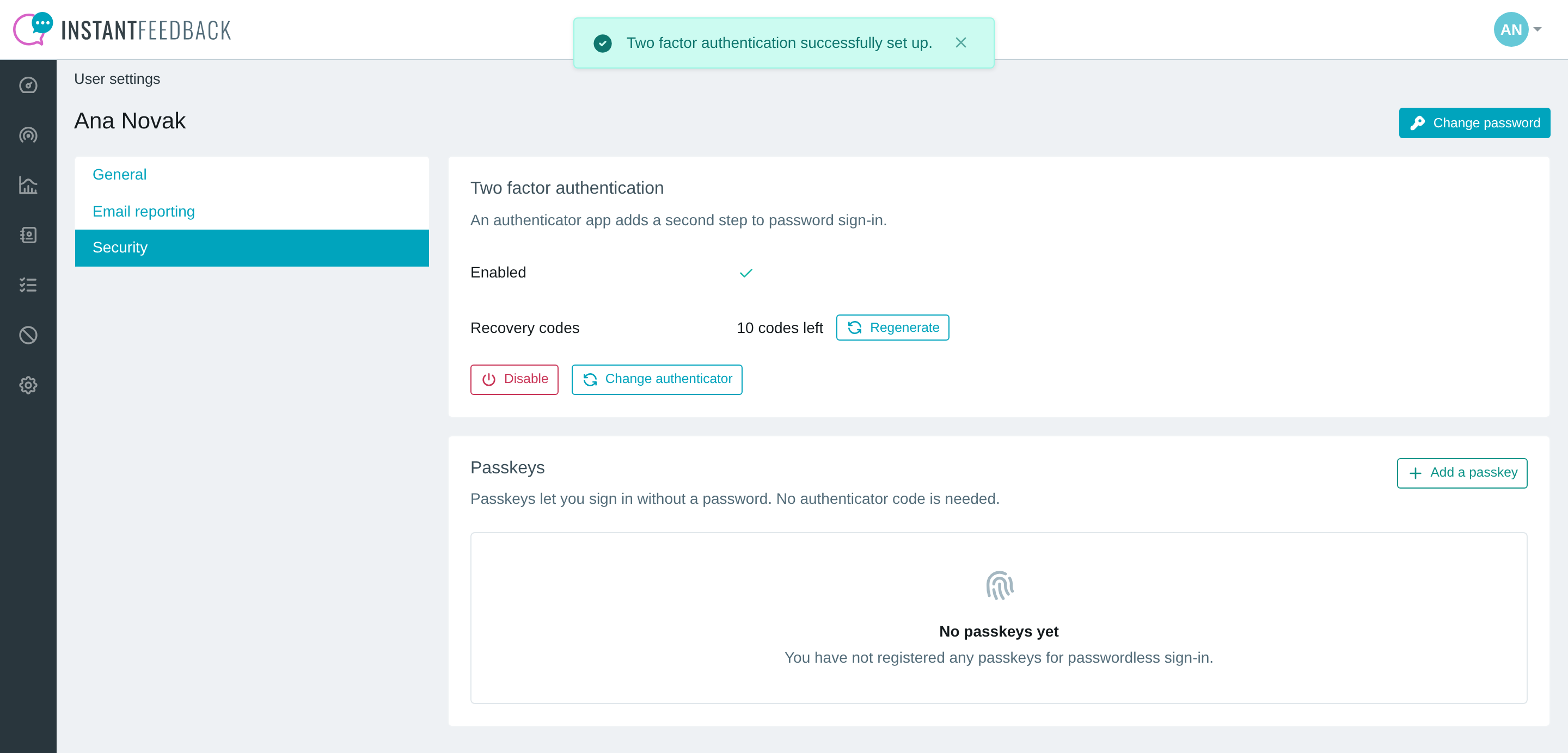 The Security tab after two-factor authentication is enabled