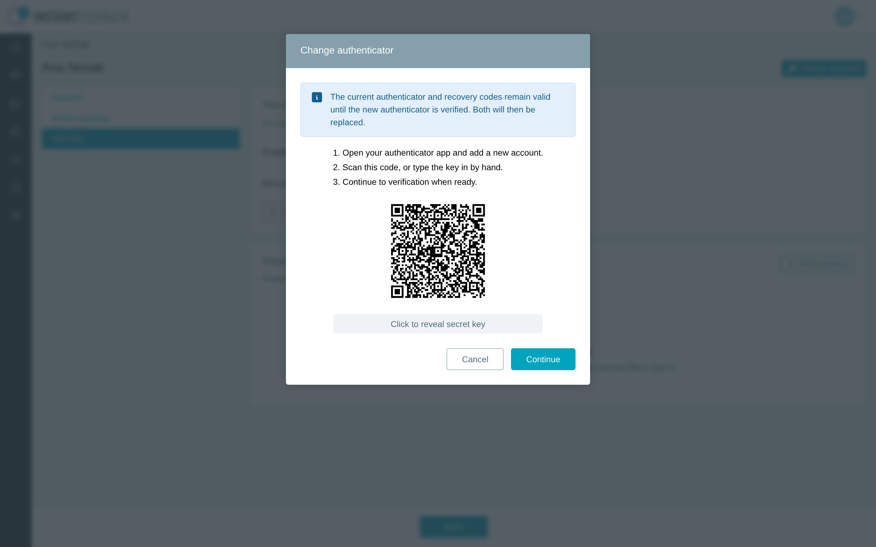 The Change authenticator dialog