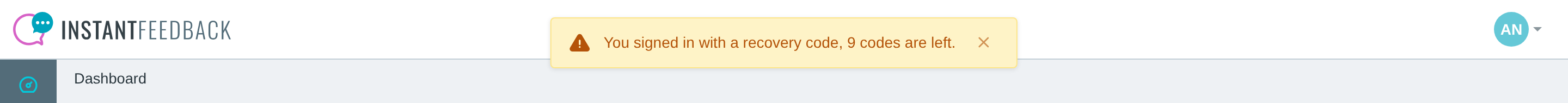 The warning shown after signing in with a recovery code