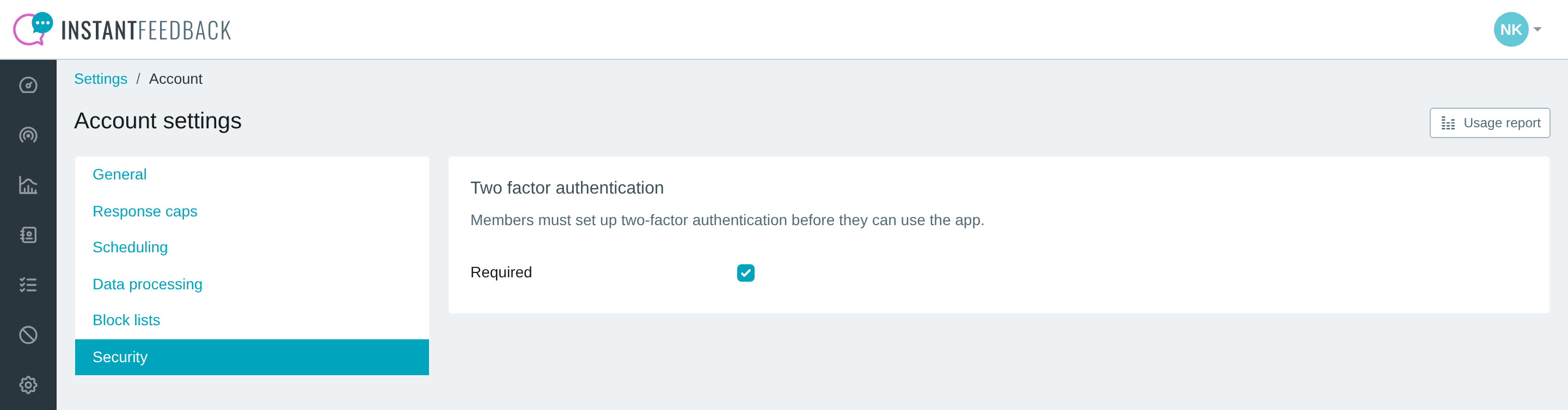 The Security tab in account settings with Required switched on