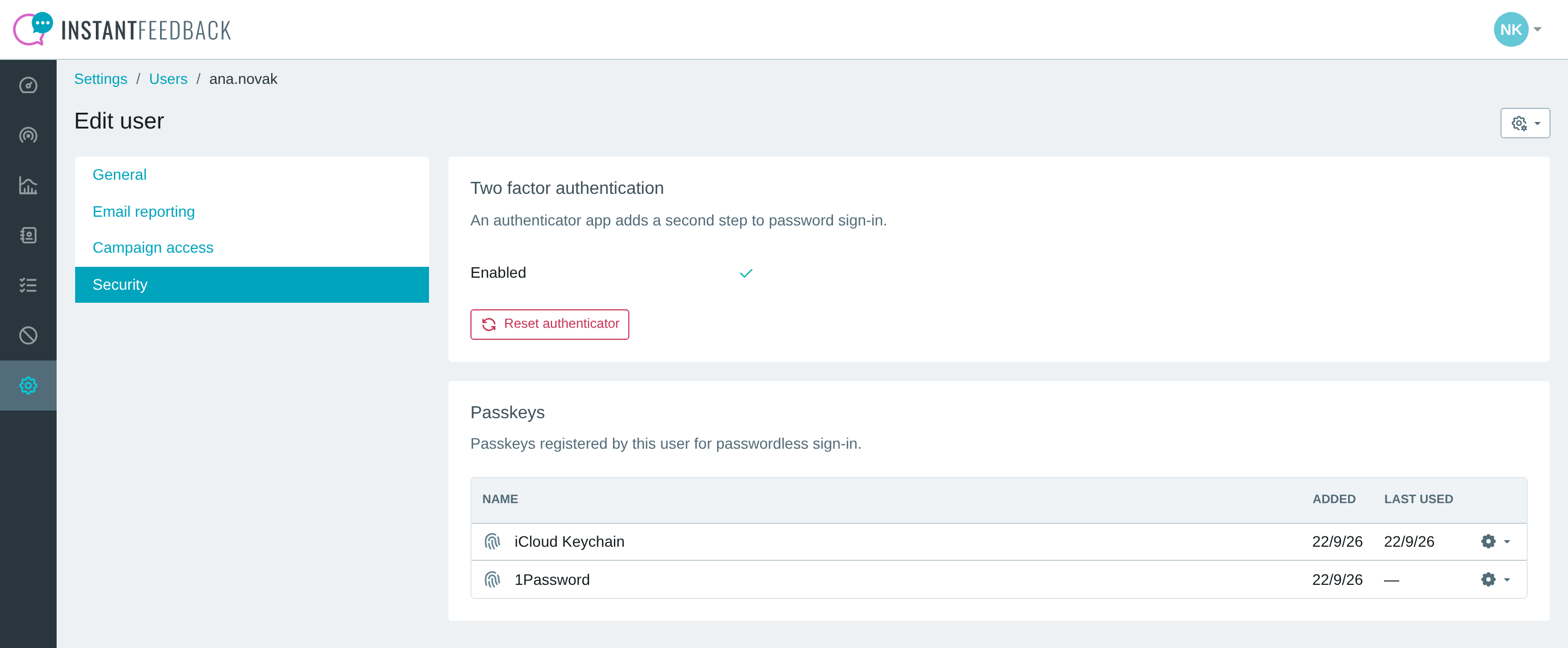 The Security tab of a user in Settings → Users