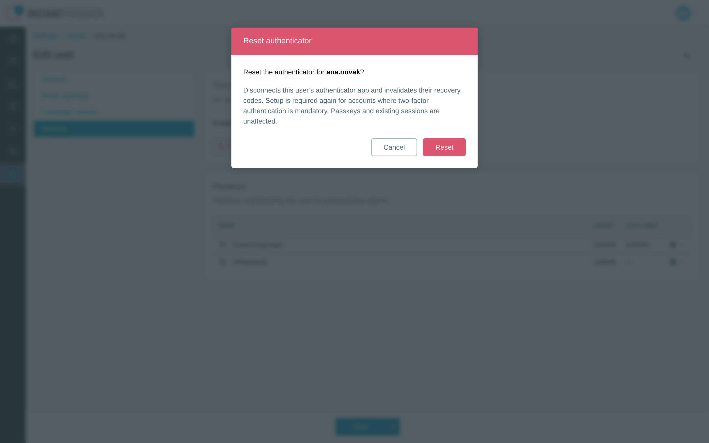 The Reset authenticator confirmation