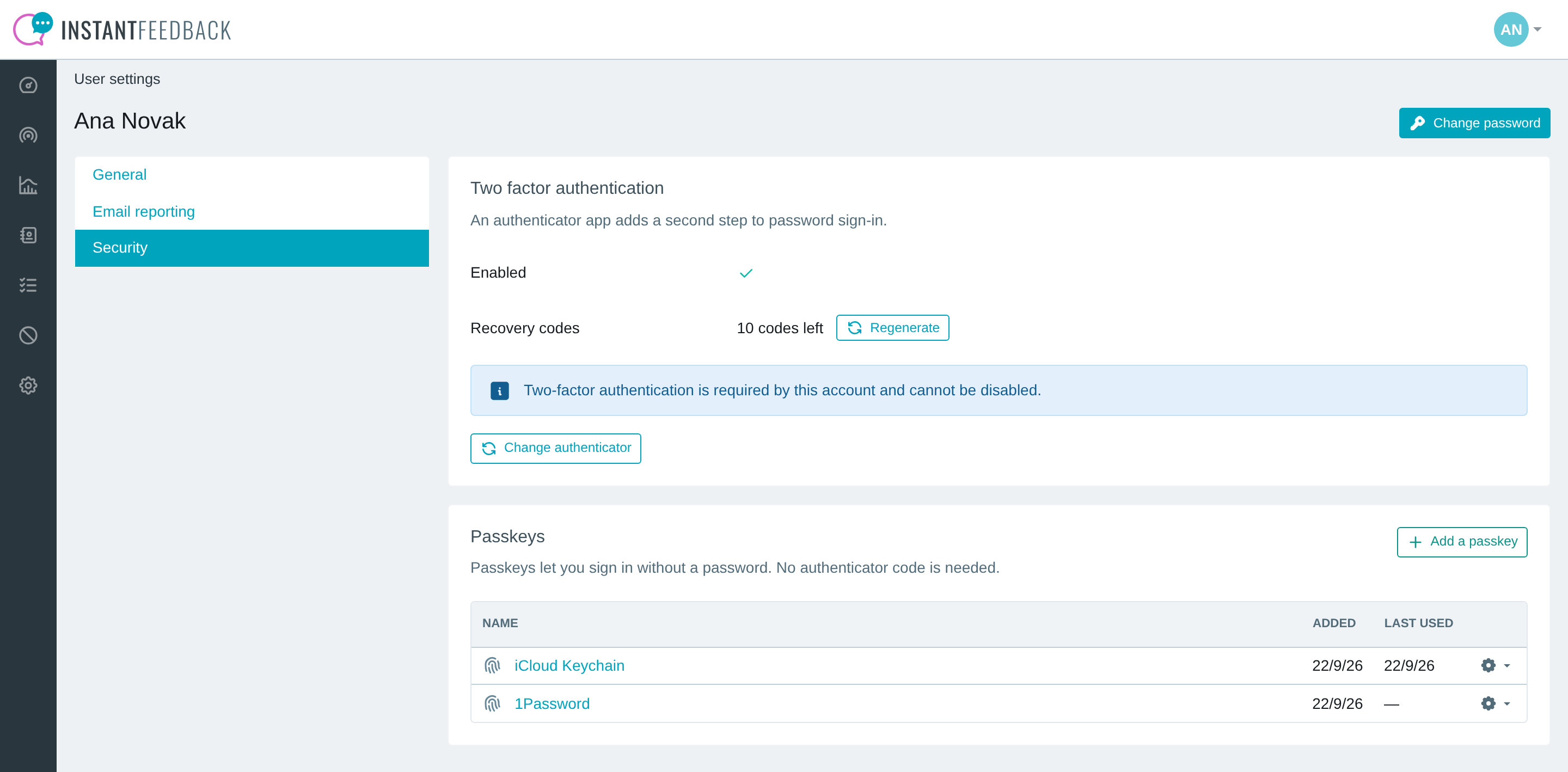 The Security tab when the account requires two-factor authentication